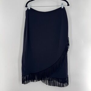 St. John Sport Fringe Knit Wrap Skirt Womens XL Black Career Cocktail Party